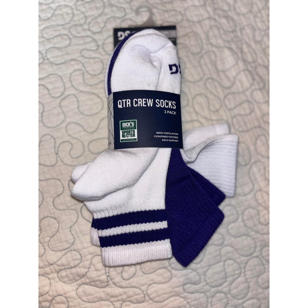 DSG Women 5-10 Quarter Crew Socks 3 Pack White Purple Striped Athletic